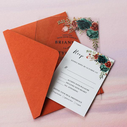 Turquoise Dark Teal and Coral Floral Acrylic Wedding Invitation CWIA132